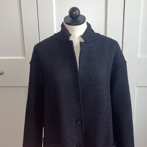 Zara Navy Blue Wool Sweater Coat Shacket Raw Edge Long Cardigan